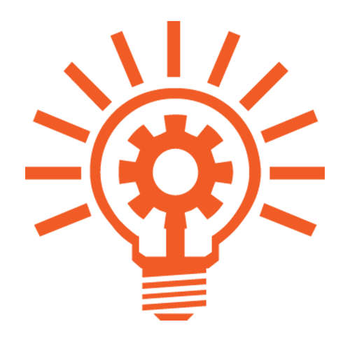 orange icon of a gear inside a lightbulb